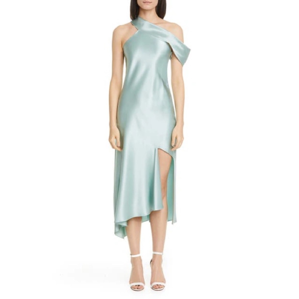 CUSHNIE Martina Off-The-Shoulder Asymmetric Silk Slip Dress Size 2 Sea Green